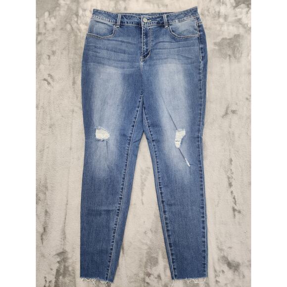 Maurices High Rise Distressed Raw Hem Jegging Size L Blue Stretch Denim Skinny - Picture 1 of 11